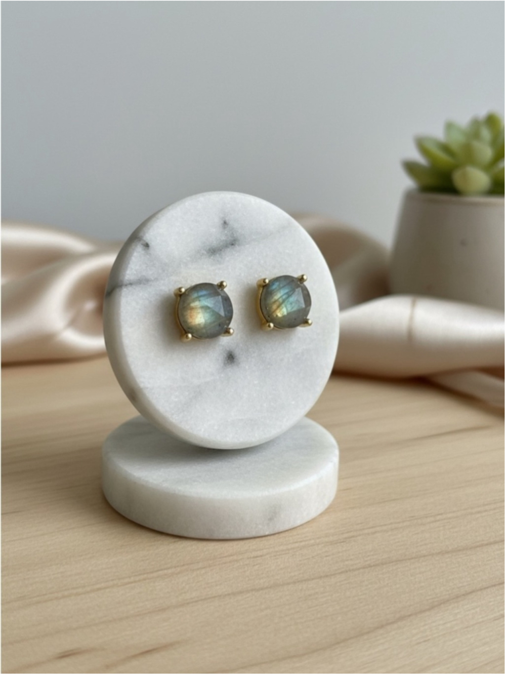 Labradorite Stud Earrings Gold Tone Round Gemstone Earrings NWOT
